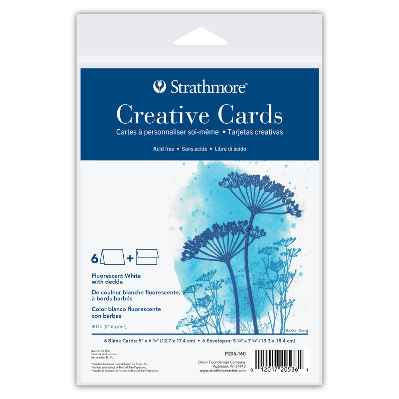 DIXON FINE ART Strathmore Creative Cards & Envelopes, Flourescent White with Deckle Edge, Full Size, 5x6.875 inch, 6 Pack