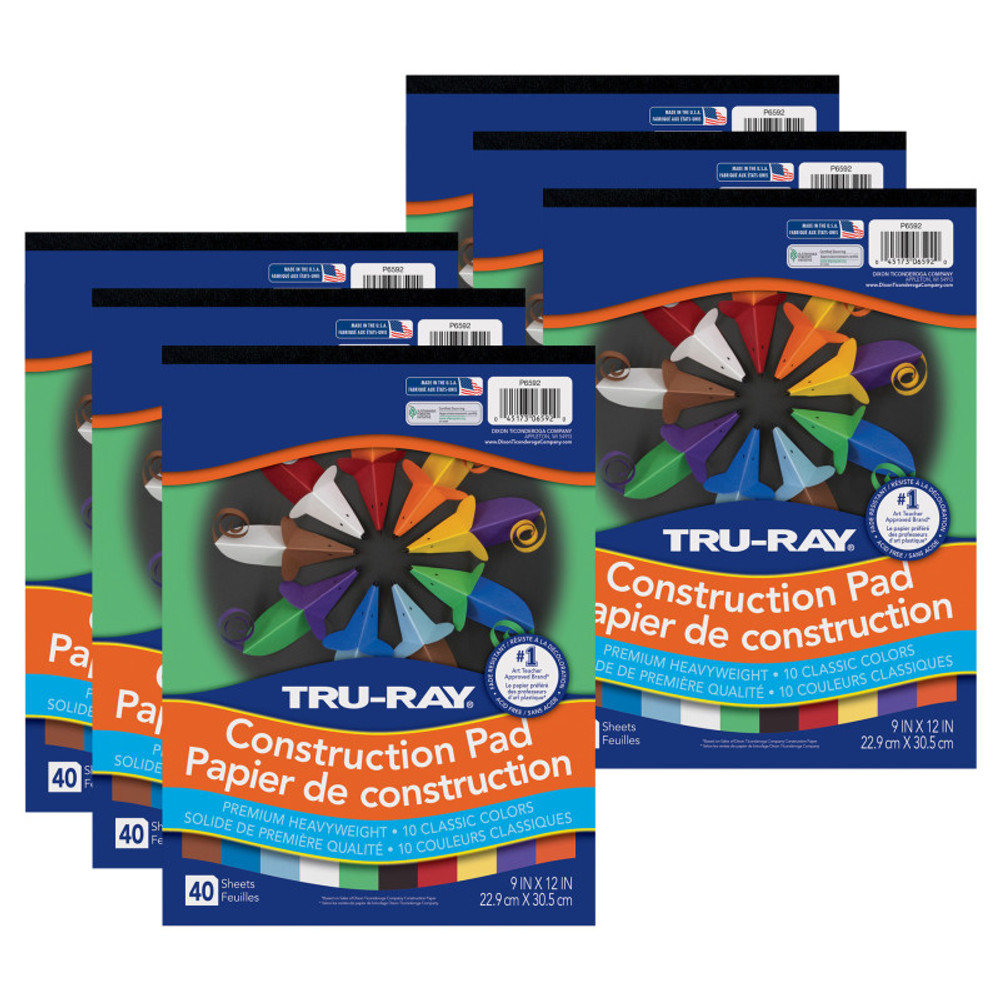 DIXON TICONDEROGA CO Tru-Ray® Construction Paper Pad, Heavyweight, 10 Classic Colors, 9" x 12", 40 Sheets, Pack of 6