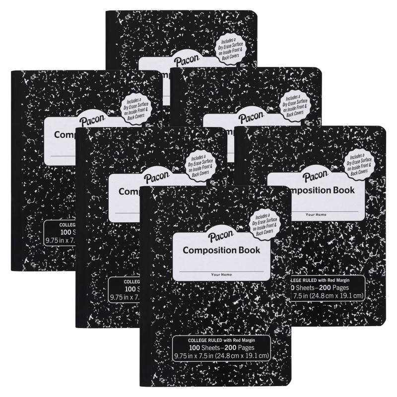 DIXON TICONDEROGA CO Pacon® Composition Books with Dry Erase Surfaces, Black Marble, 3/8" Ruled w/Margin , 100 Sheets/200 Pages, Pack of 6