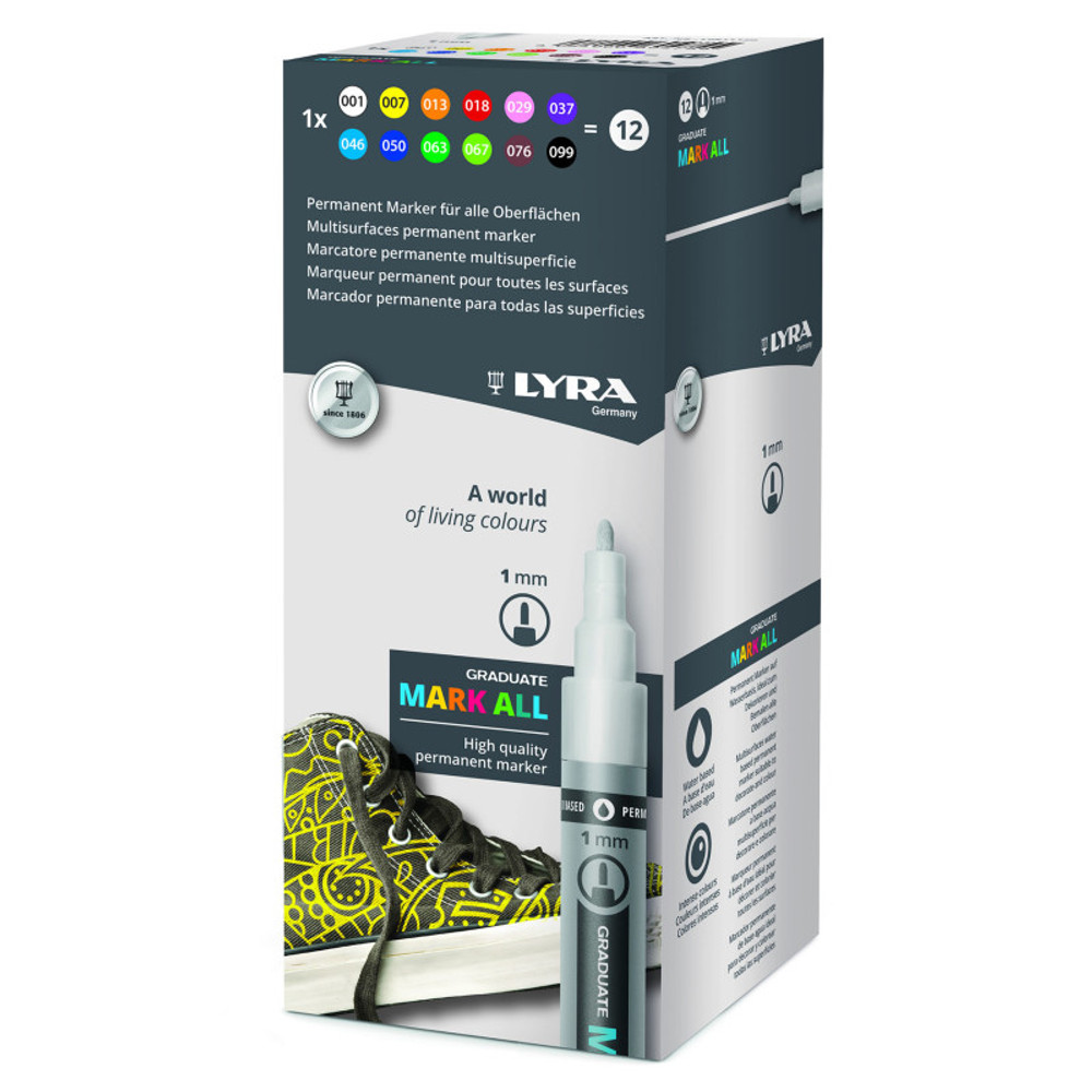 DIXON FINE ART Lyra® Graduate Mark All Permanent Paint Markers Set, Assorted Colors, 1mm Small Tip, 12 Pieces