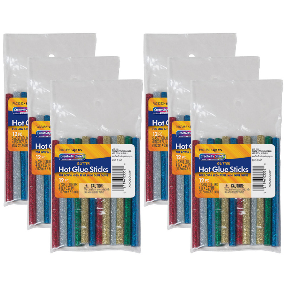 DIXON TICONDEROGA CO Creativity Street® Hot Glue Sticks, 6 Assorted Glitter Colors, 4" x 0.31", 12 Per Pack, 6 Packs