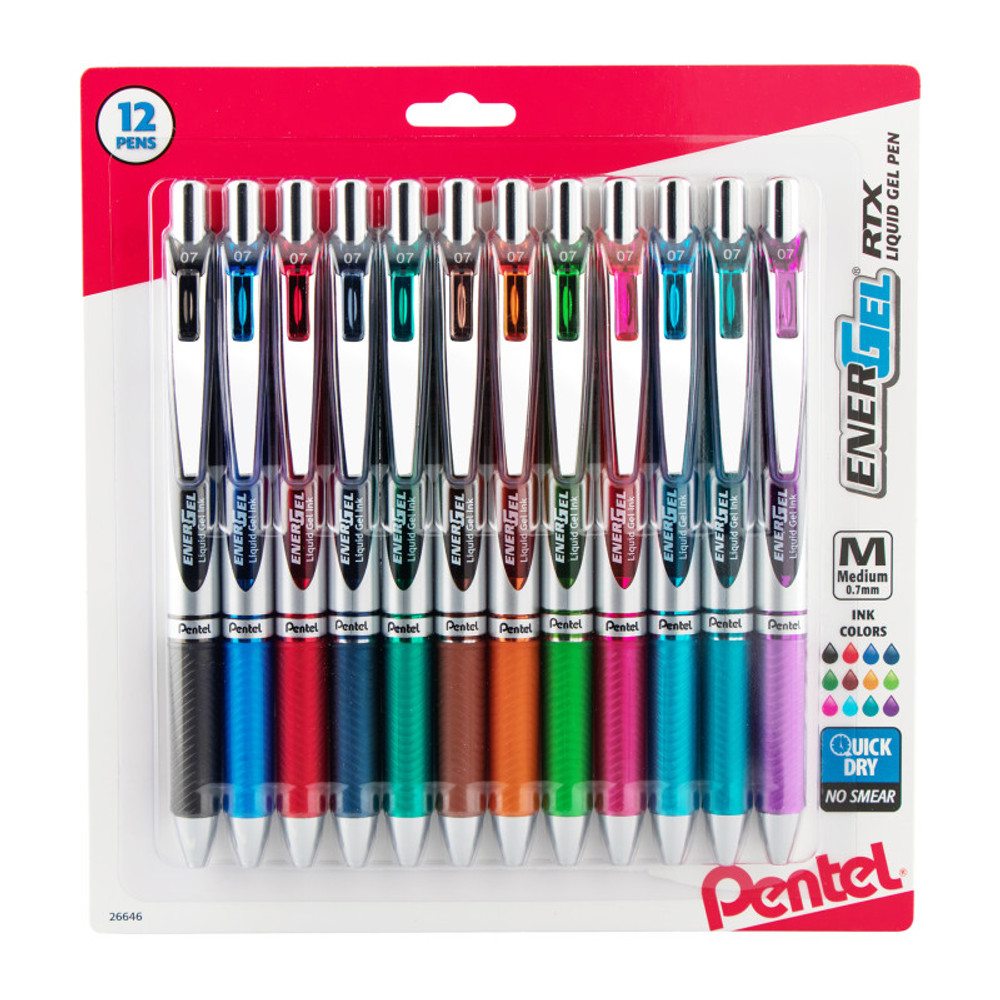 PENTEL OF AMERICA Pentel® EnerGel RTX Retractable Liquid Gel Pen, (0.7mm) Medium Line, Assorted Ink, 12-Pack