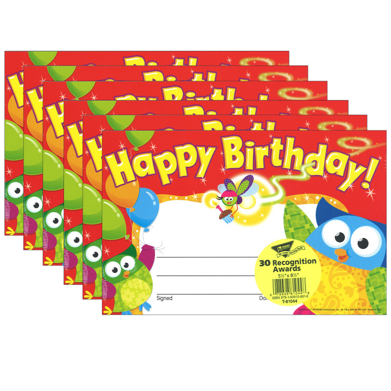 TREND ENTERPRISES INC. TREND Happy Birthday Owl-Stars!® Recognition Awards, 30 Per Pack, 6 Packs