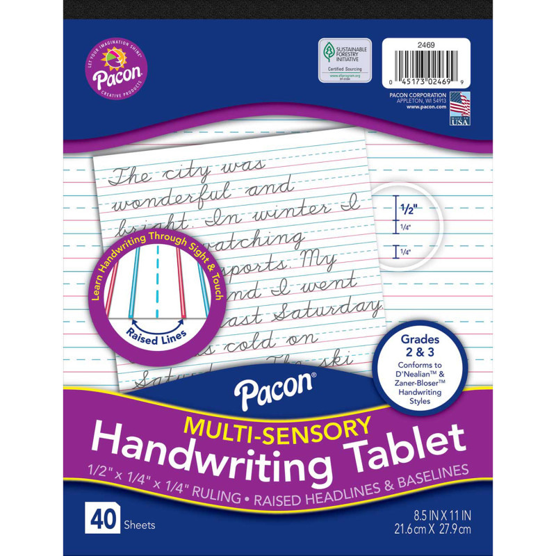 DIXON TICONDEROGA CO Pacon® Multi-Sensory Raised Ruled Tablet, Tape-Bound Tablet, 1/2" x 1/4" x 1/4" Ruled Short, 8-1/2" x 11", 40 Sheets
