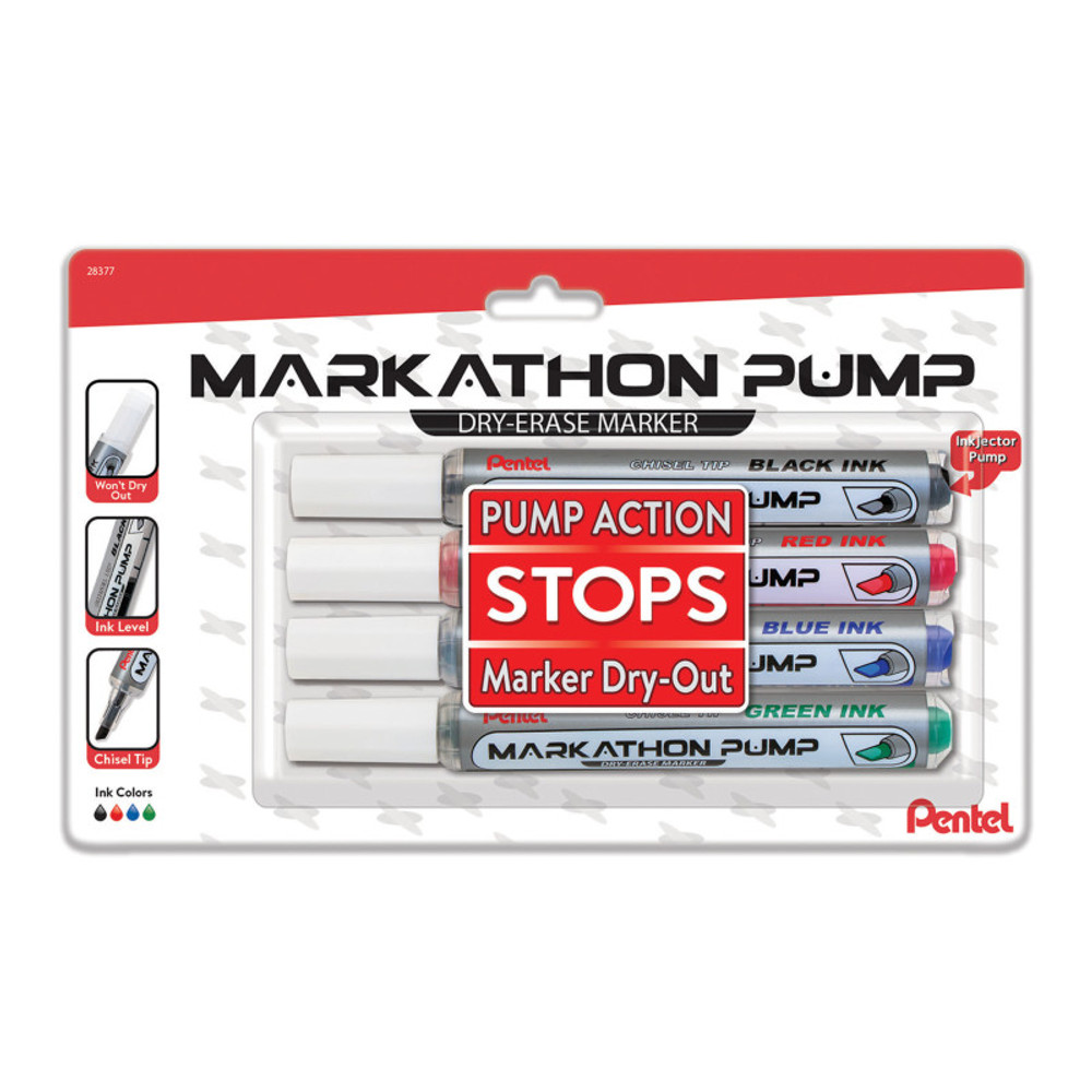 PENTEL OF AMERICA Pentel® Markathon Pump Dry Erase Marker, Chisel Tip, Assorted Colors, 4-Pack