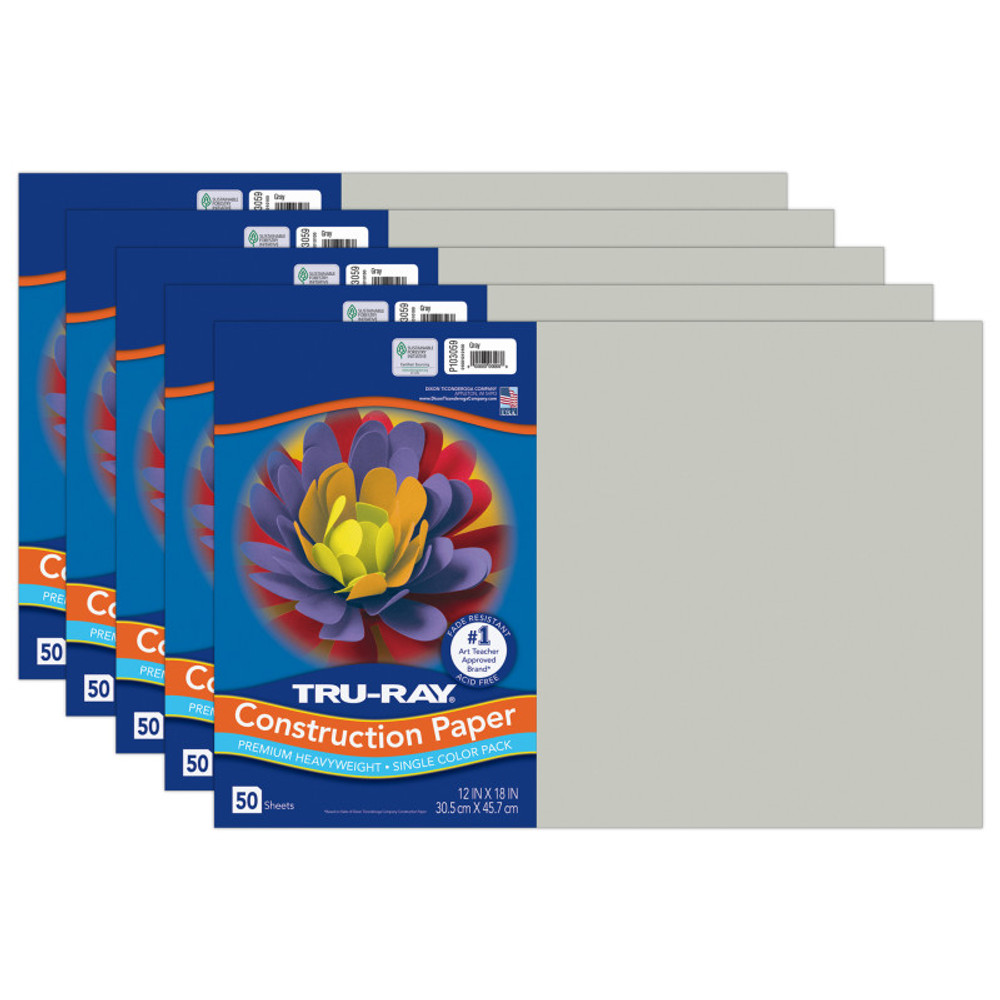 DIXON TICONDEROGA CO Tru-Ray® Construction Paper, Heavyweight, Gray, 12" x 18", 50 Sheets Per Pack, 5 Packs