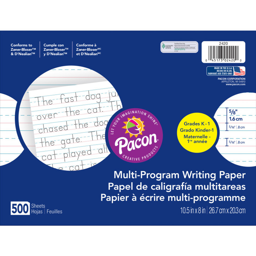 DIXON TICONDEROGA CO Pacon® Multi-Program Handwriting Paper, 5/8" Ruled (Long Way), White, 10-1/2" x 8", 500 Sheets