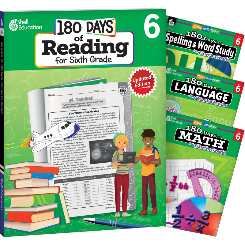 SHELL EDUCATION Shell Education 180 Days Reading, Spelling, Language, & Math Grade 6: 4-Book Set