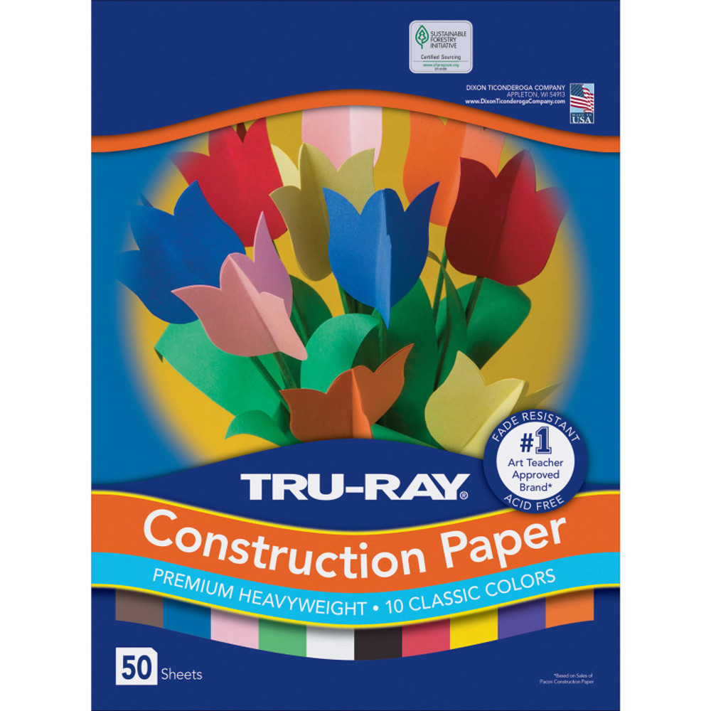 DIXON TICONDEROGA CO Tru-Ray® Construction Paper Classic Assortment, Heavyweight, 10 Classic Colors, 9" x 12", 50 Sheets