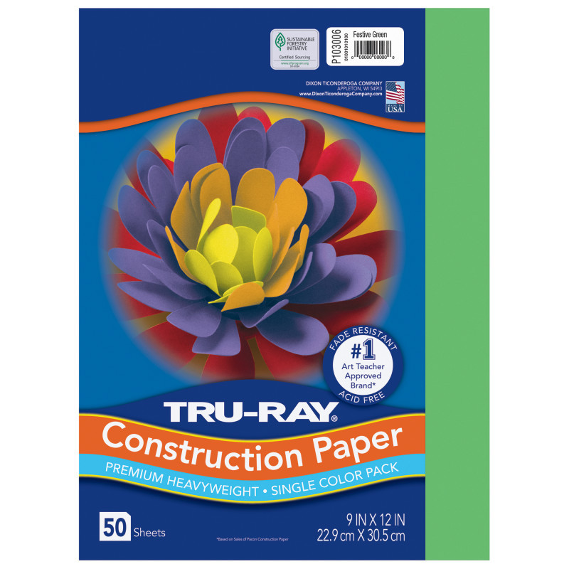 DIXON TICONDEROGA CO Tru-Ray® Construction Paper, Heavyweight, Festive Green, 9" x 12", 50 Sheets