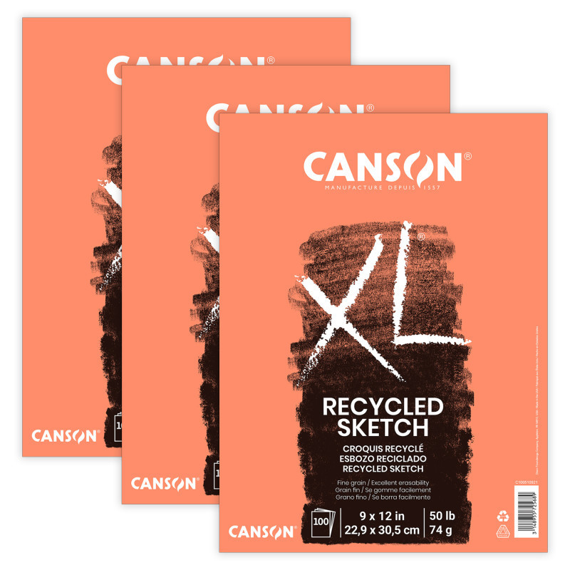 DIXON FINE ART Canson XL Series Sketch Pad, Recycled, Foldover Binding, 100 Sheet, 9x12 inch, Pack of 3