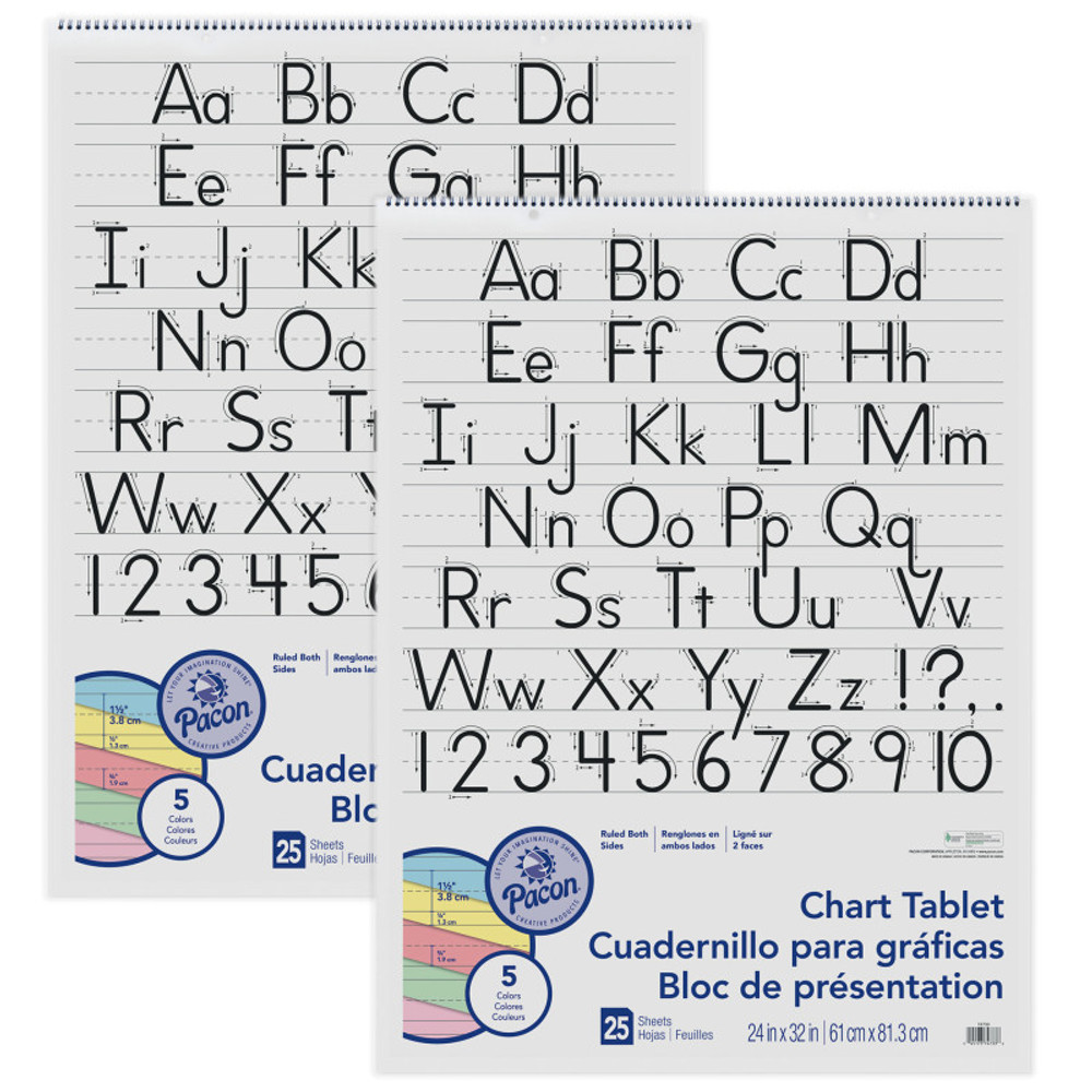 DIXON TICONDEROGA CO Pacon® Colored Paper Chart Tablet, Manuscript Cover, 5 Assorted Colors, 1-1/2" Ruled, 24" x 32", 25 Sheets, Pack of 2