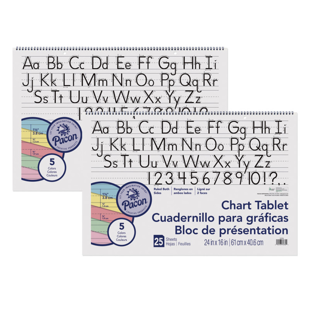 DIXON TICONDEROGA CO Pacon® Colored Paper Chart Tablet, Manuscript Cover, 5 Assorted Colors, 1-1/2" Ruled, 24" x 16", 25 Sheets, Pack of 2