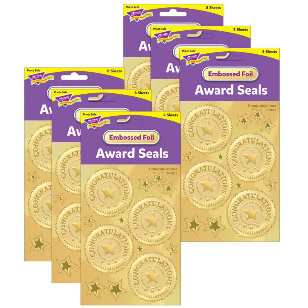TREND ENTERPRISES INC. TREND Congratulations (Gold) Award Seals Stickers, 32 Per Pack, 6 Packs