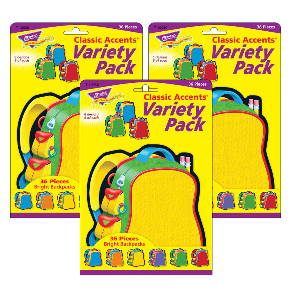 TREND ENTERPRISES INC. TREND Bright Backpacks Classic Accents® Variety Pack, 36 Per Pack, 3 Packs