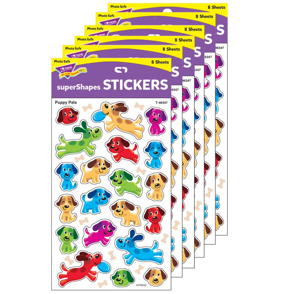 TREND ENTERPRISES INC. TREND Puppy Pals superShapes Stickers-Large, 160 Per Pack, 6 Packs