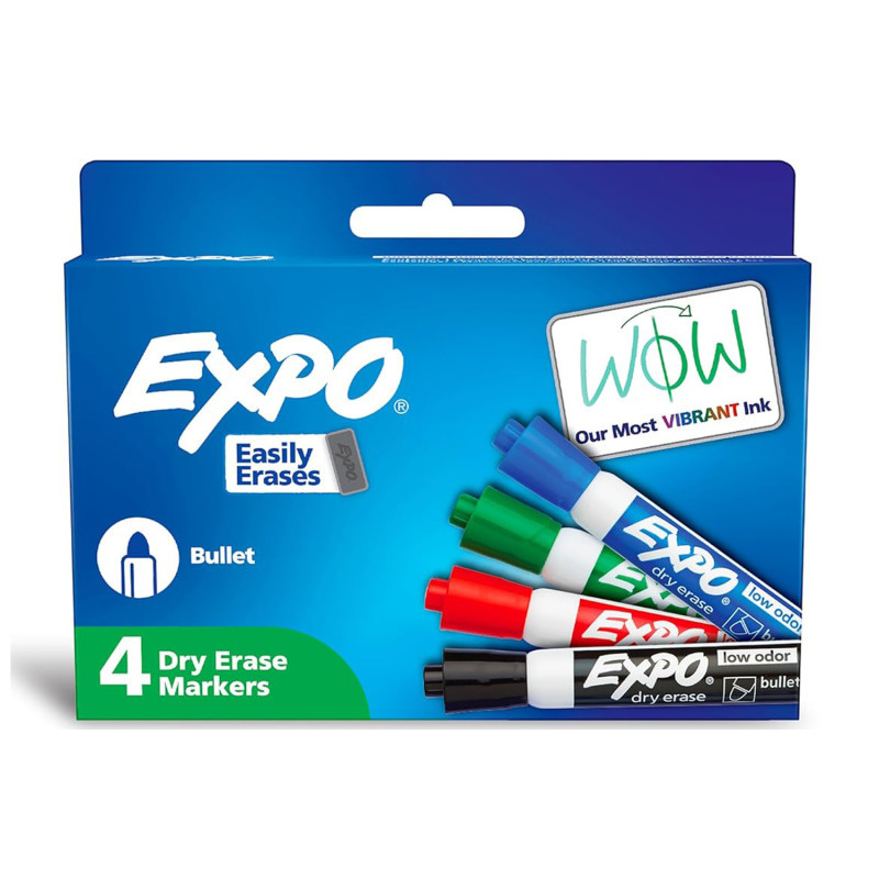 NEWELL BRANDS DISTRIBUTION LLC EXPO® Low-Odor Dry Erase Markers, Bullet Tip, Assorted Colors, Pack of 4