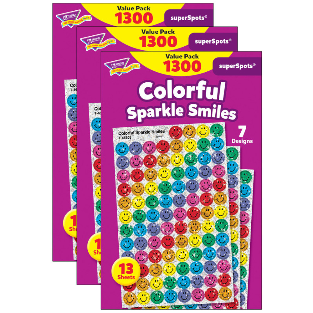 TREND ENTERPRISES INC. TREND Colorful Sparkle Smiles superSpots® Value Pack, 1300 Per Pack, 3 Packs