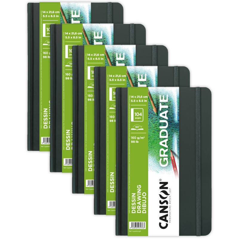 DIXON FINE ART Canson Graduate Drawing Art Book, Hard Cover Binding, 52 Sheet, 5.5x8.5 inch, Pack of 5