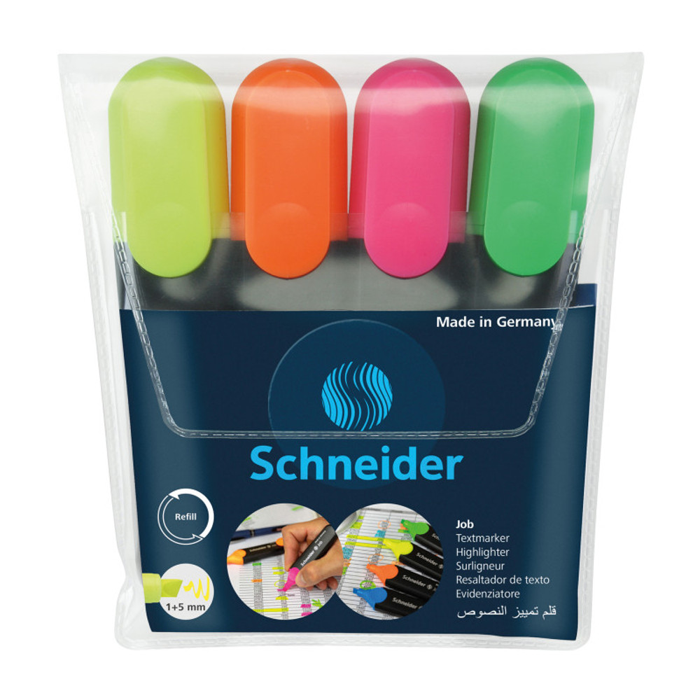 REDIFORM INC Schneider® Job Highlighter, 1 + 5 mm Chisel Tip, 4 Assorted Ink Colors (Pink, Yellow, Orange, Green) REDIFORM INC Schneider® Job Highlighter, 1 + 5 mm Chisel Tip, 4 Assorted Ink Colors (Pink, Yellow, Orange, Green)