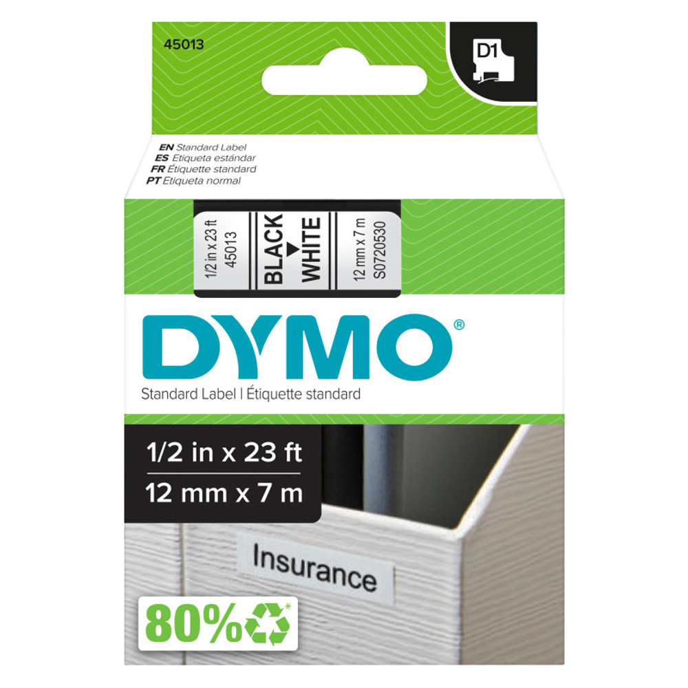 NEWELL BRANDS DISTRIBUTION LLC DYMO Standard D1 Labeling Tape for LabelManager Label Makers, Black Print on White Tape, 1/2'' W x 23' L, 1 Cartridge