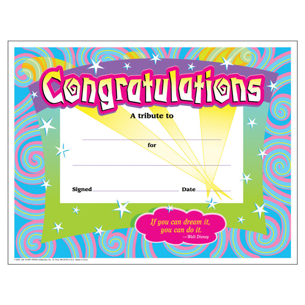 TREND ENTERPRISES INC. TREND Congratulations/Swirls Colorful Classics Cert's., 30 ct