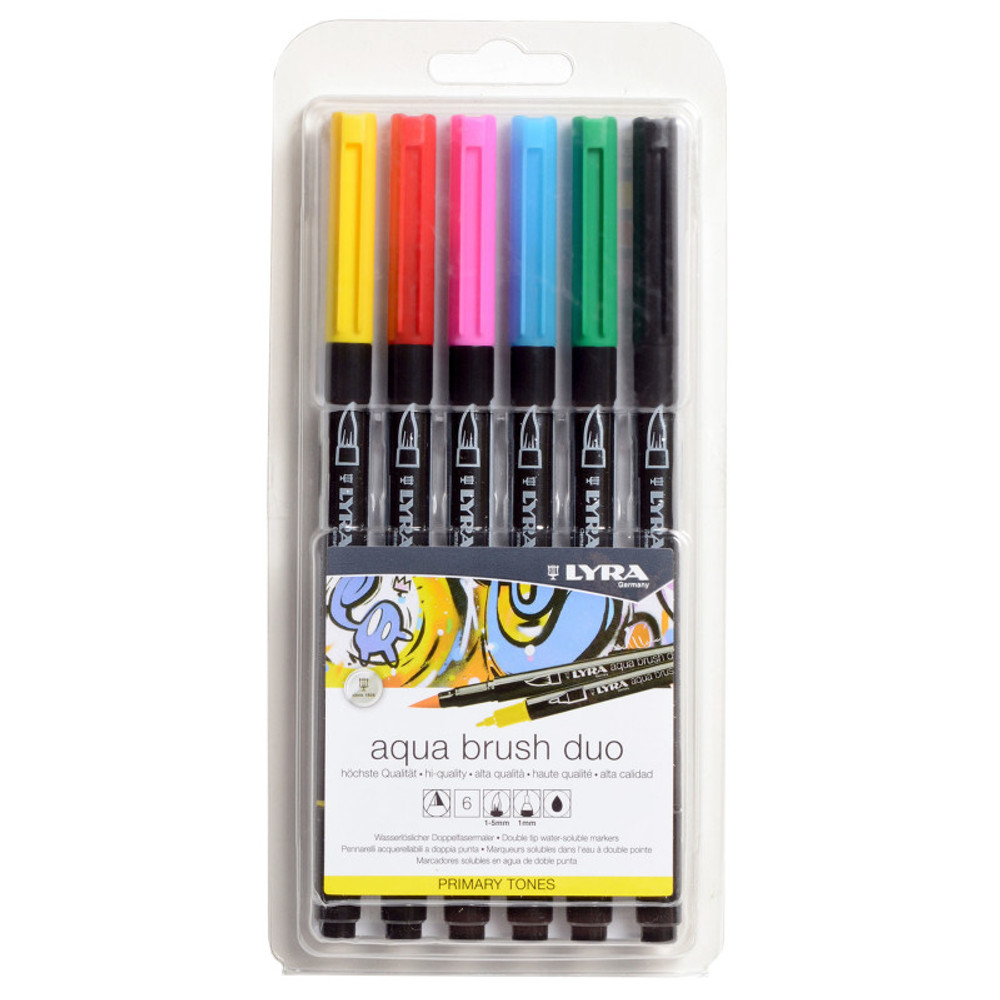 DIXON FINE ART Lyra® Aqua Brush Duo Dual Tip Marker Set, Primary Assorted Colors, 6 Pieces