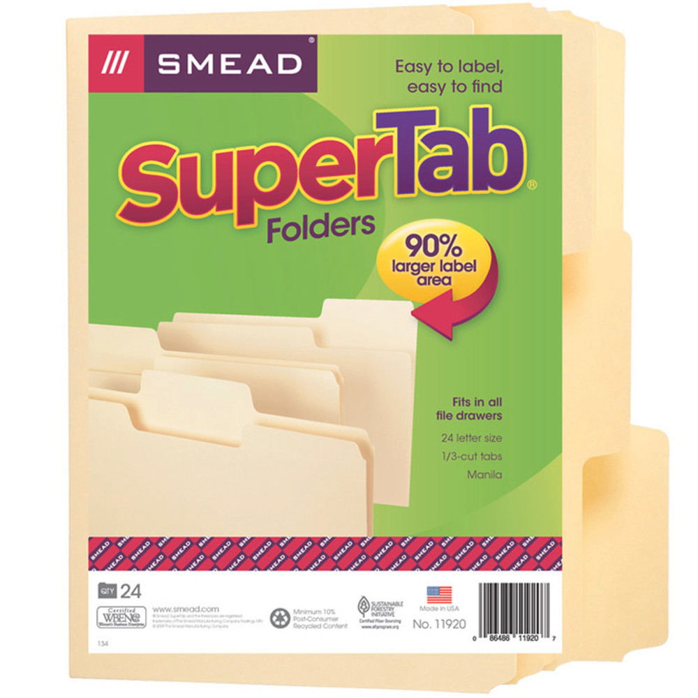 SMEAD MANUFACTURING COMPANY Smead® SuperTab® File Folder, Oversized 1/3-Cut Tab, Letter Size, Manila, Pack of 24