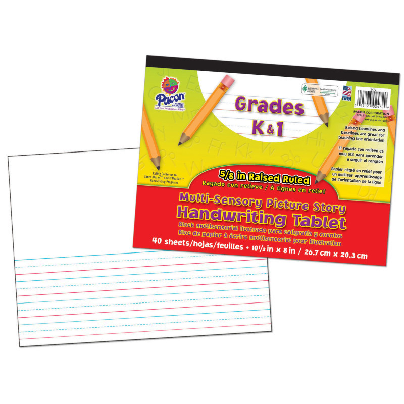 DIXON TICONDEROGA CO Pacon® Multi-Sensory Raised Ruled Tablet, Tape Bound, 5/8" x 5/16" x 5/16" Picture Story Ruled Long, 10-1/2" x 8", 40 Sheets