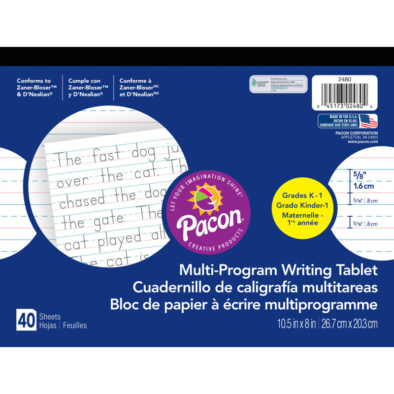 DIXON TICONDEROGA CO Pacon® Multi-Program Handwriting Tablet, D'Nealian/Zaner-Bloser, 5/8" x 5/16" x 5/16" Ruled Long, 10-1/2" x 8", 40 Sheets