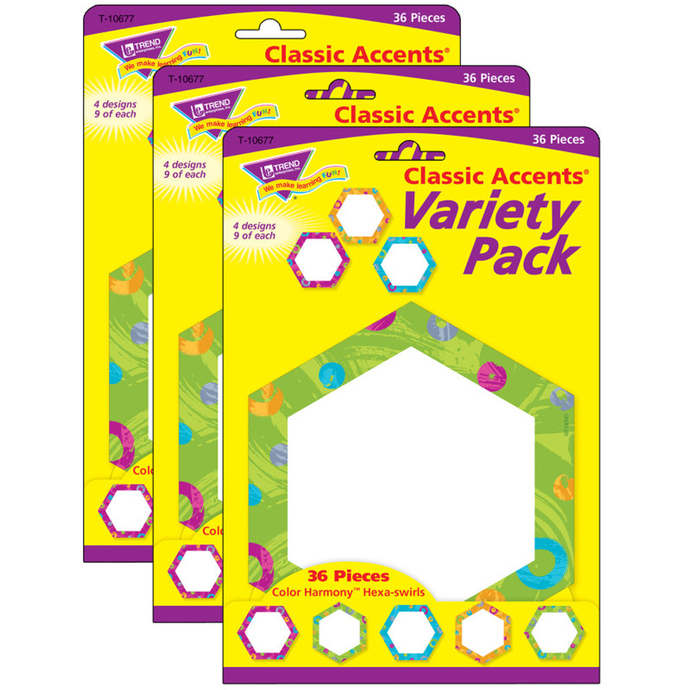 TREND ENTERPRISES INC. TREND Color Harmony™ Hexa-swirls Classic Accents® Variety Pack, 36 Per Pack, 3 Packs