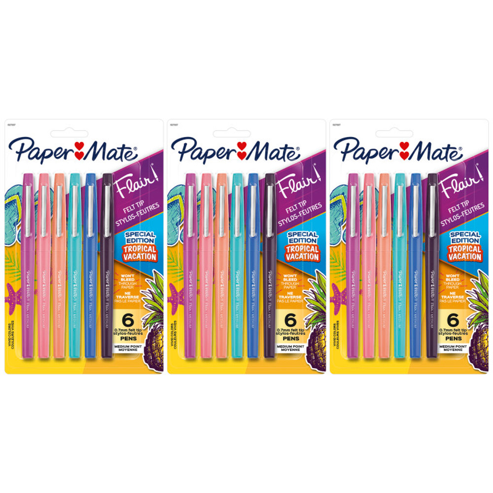 NEWELL BRANDS DISTRIBUTION LLC Paper Mate® Flair Felt Tip Pens, Medium Point (0.7mm), Tropical Colors, 6 Per Pack, 3 Packs NEWELL BRANDS DISTRIBUTION LLC Paper Mate® Flair Felt Tip Pens, Medium Point (0.7mm), Tropical Colors, 6 Per Pack, 3 Packs