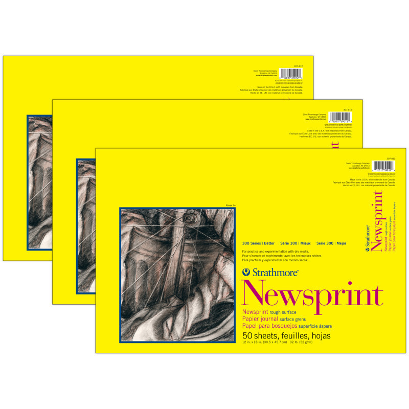 DIXON FINE ART Strathmore 300 Series Newsprint Pad, Tape Binding, 50 Sheet, 12x18 inch, Pack of 3