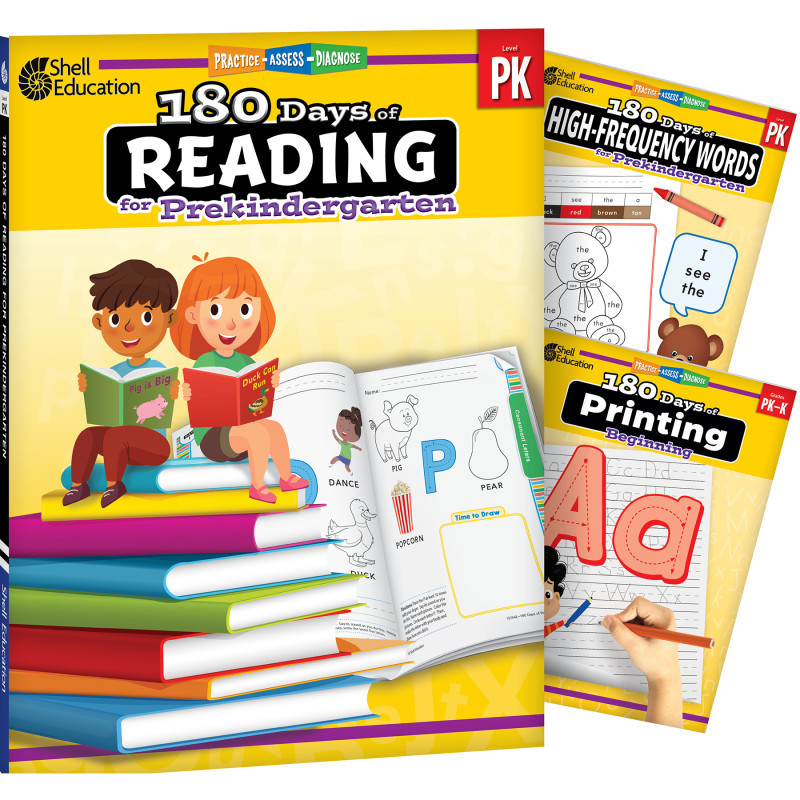 SHELL EDUCATION Shell Education 180 Days Reading, High-Frequency Words, & Printing Grade PK: 3-Book Set