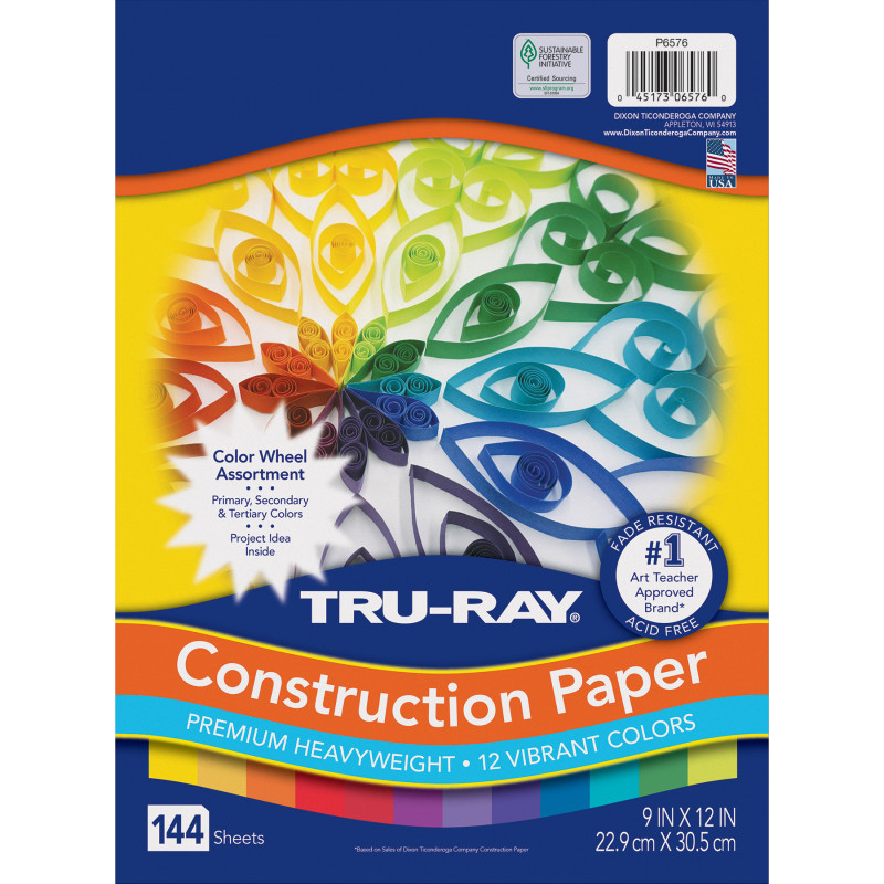 DIXON TICONDEROGA CO Tru-Ray® Construction Paper, Heavyweight, Color Wheel Assortment, 12 Vibrant Colors, 9" x 12", 144 Sheets