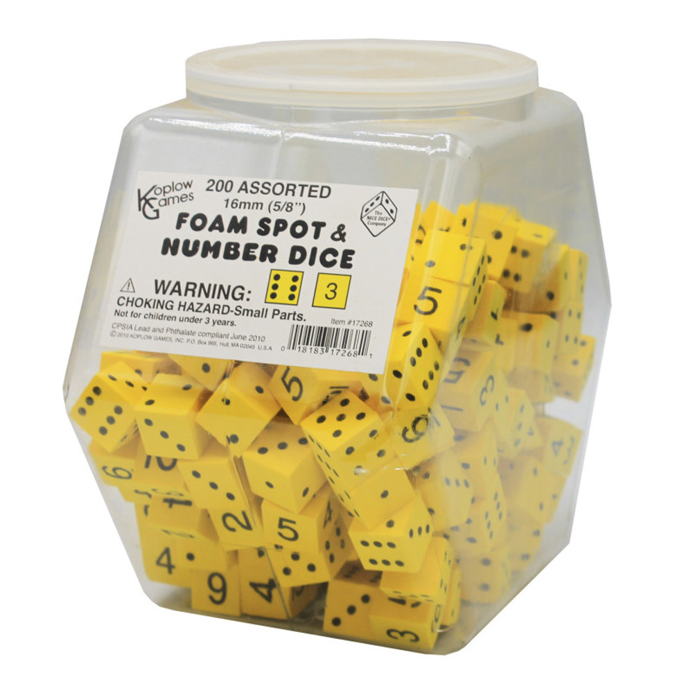 KOPLOW GAMES INC. Koplow Games Foam Spot & Number Dice, Yellow, 16mm, Tub of 200