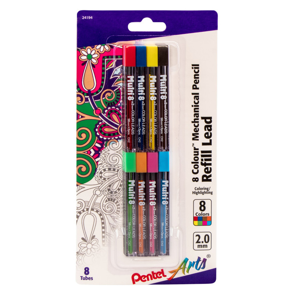 PENTEL OF AMERICA Pentel Arts 8 Color Pencil Lead Refill (2.0mm), Assorted Colors, 8-Pack