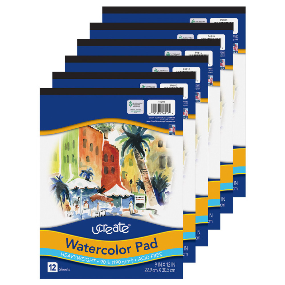 DIXON TICONDEROGA CO UCreate® Watercolor Pad, 90 lb., 9" x 12", 12 Sheets, Pack of 6