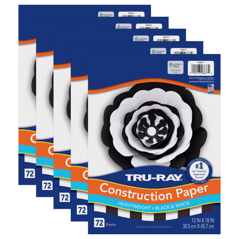 DIXON TICONDEROGA CO Tru-Ray® Premium Construction Paper, Heavyweight, Black & White, 12" x 18", 72 Sheets Per Pack, 5 Packs