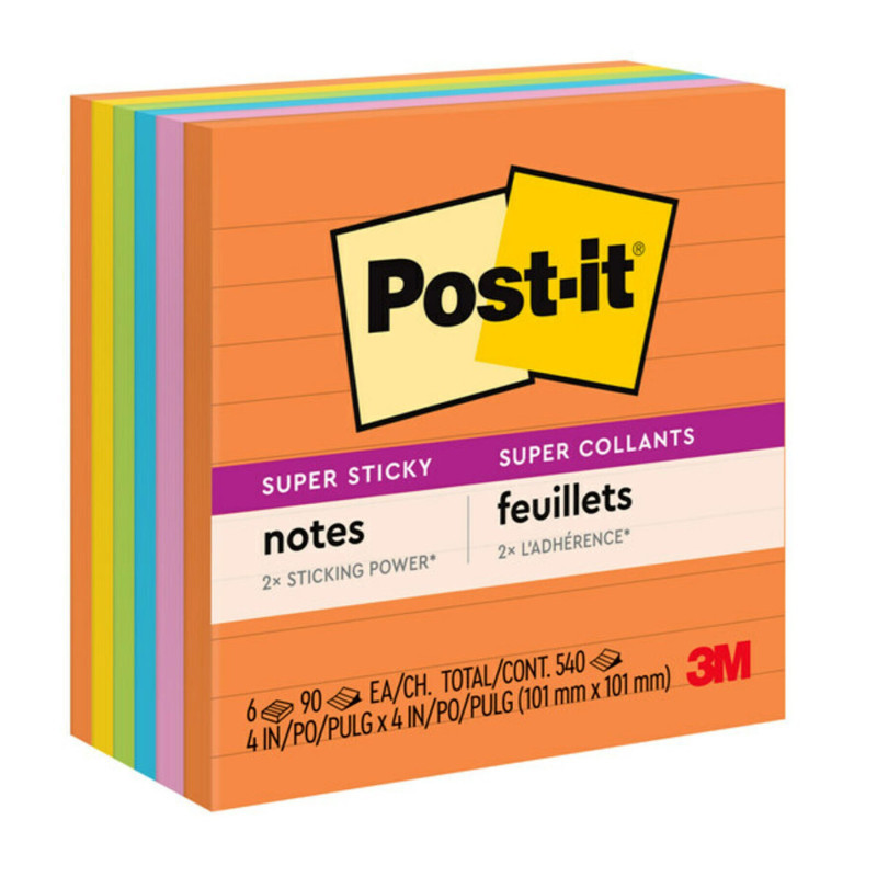 3M COMPANY Post-it® Super Sticky Notes, Energy Boost Collection, 4" x 4" Lined, 90 Sheets/Pad, 6 Pads