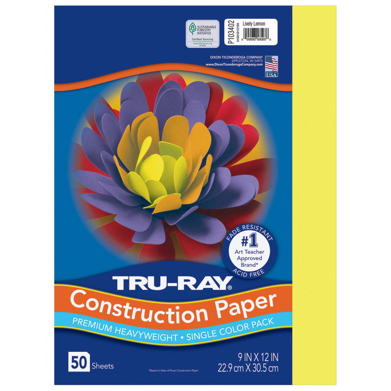 DIXON TICONDEROGA CO Tru-Ray® Construction Paper, Heavyweight, Lively Lemon, 9" x 12", 50 Sheets