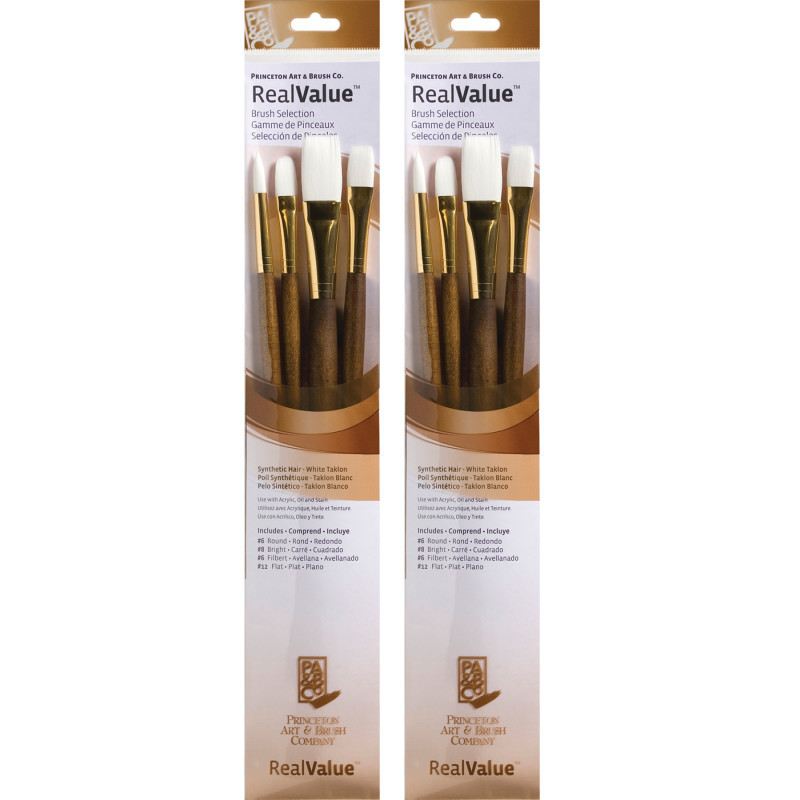 DIXON FINE ART Princeton RealValue Brush Set, White Taklon Bristles, Long Handle Mixed Media Paintbrush, Brown, 4 Per Set, 2 Sets