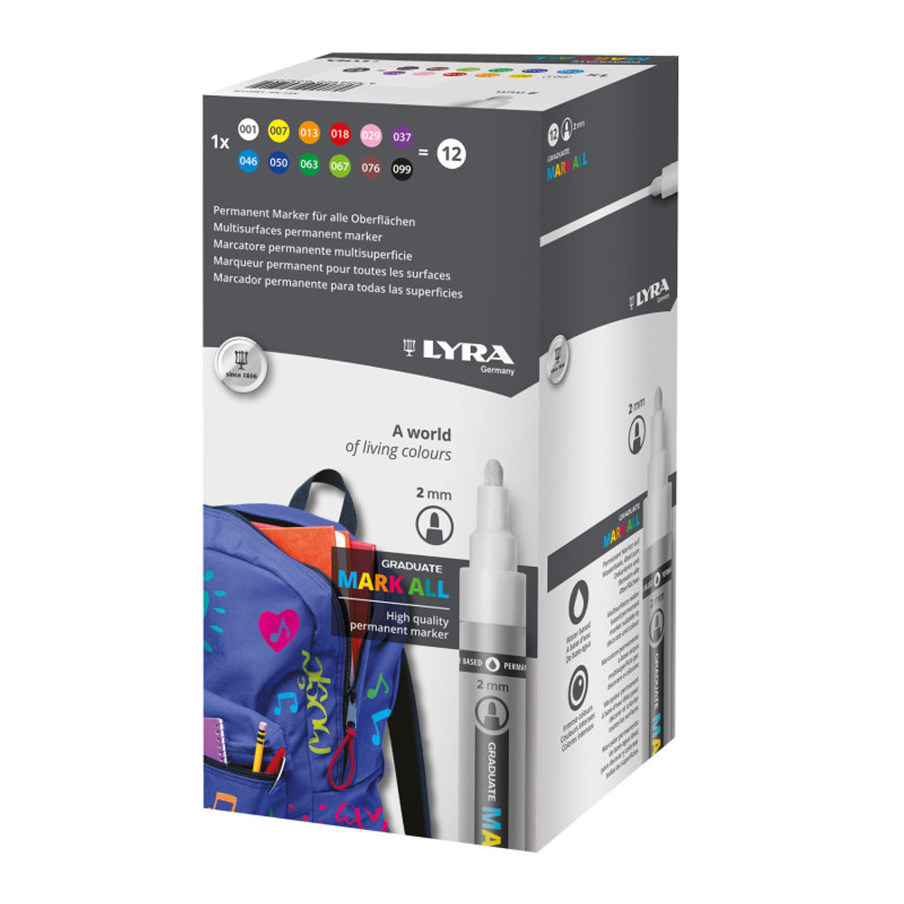 DIXON FINE ART Lyra® Graduate Mark All Permanent Paint Markers Set, Assorted Colors, 2mm Medium Tip, 12 Pieces