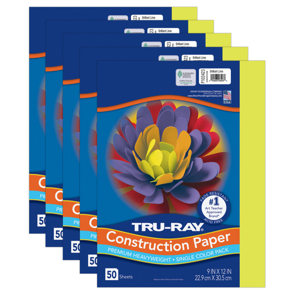 DIXON TICONDEROGA CO Tru-Ray® Construction Paper, Heavyweight, Brilliant Lime, 9" x 12", 50 Sheets Per Pack, 5 Packs