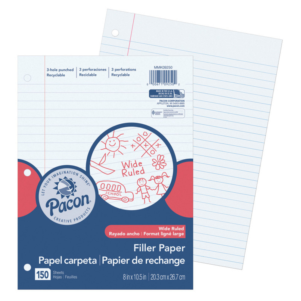DIXON TICONDEROGA CO Pacon® Filler Paper, White, 3-Hole Punched, Red Margin, 3/8" Ruled, 8" x 10-1/2", 150 Sheets DIXON TICONDEROGA CO Pacon® Filler Paper, White, 3-Hole Punched, Red Margin, 3/8" Ruled, 8" x 10-1/2", 150 Sheets
