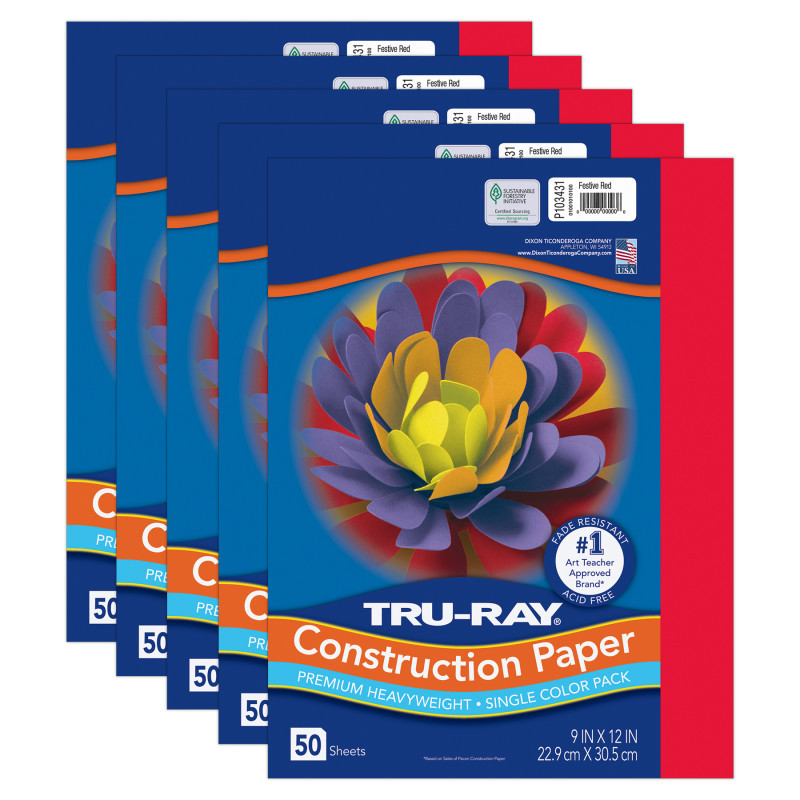 DIXON TICONDEROGA CO Tru-Ray® Construction Paper, Heavyweight, Red, 9" x 12", 50 Sheets Per Pack, 5 Packs