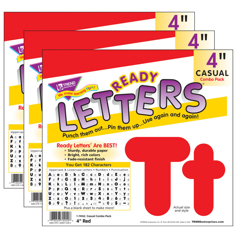 TREND ENTERPRISES INC. TREND Red 4-Inch Casual Uppercase/Lowercase Combo Pack Ready Letters®, 182 Per Pack, 3 Packs