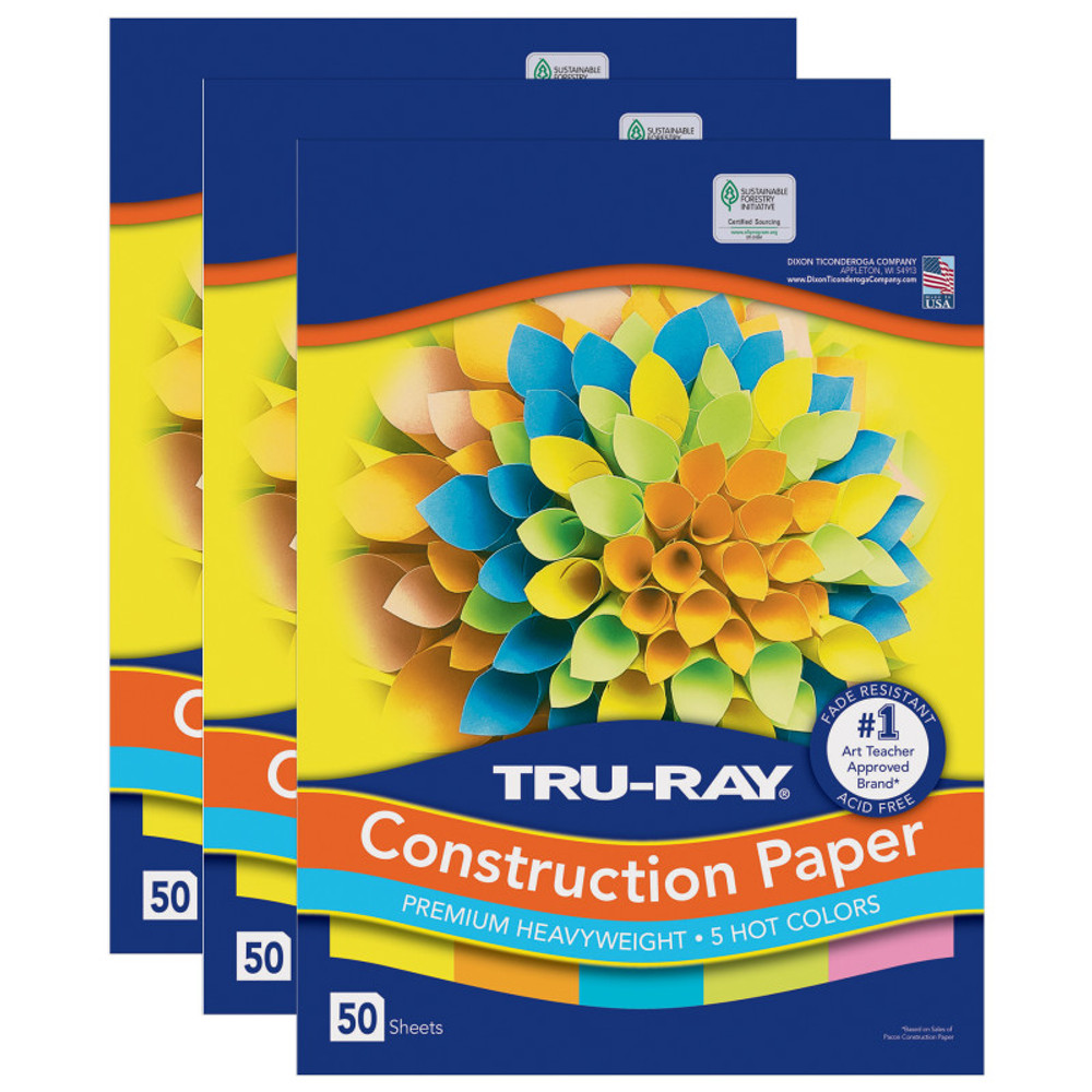 DIXON TICONDEROGA CO Tru-Ray® Construction Paper, Heavyweight, 5 Assorted Hot Colors, 12" x 18", 50 Sheets Per Pack, 3 Packs