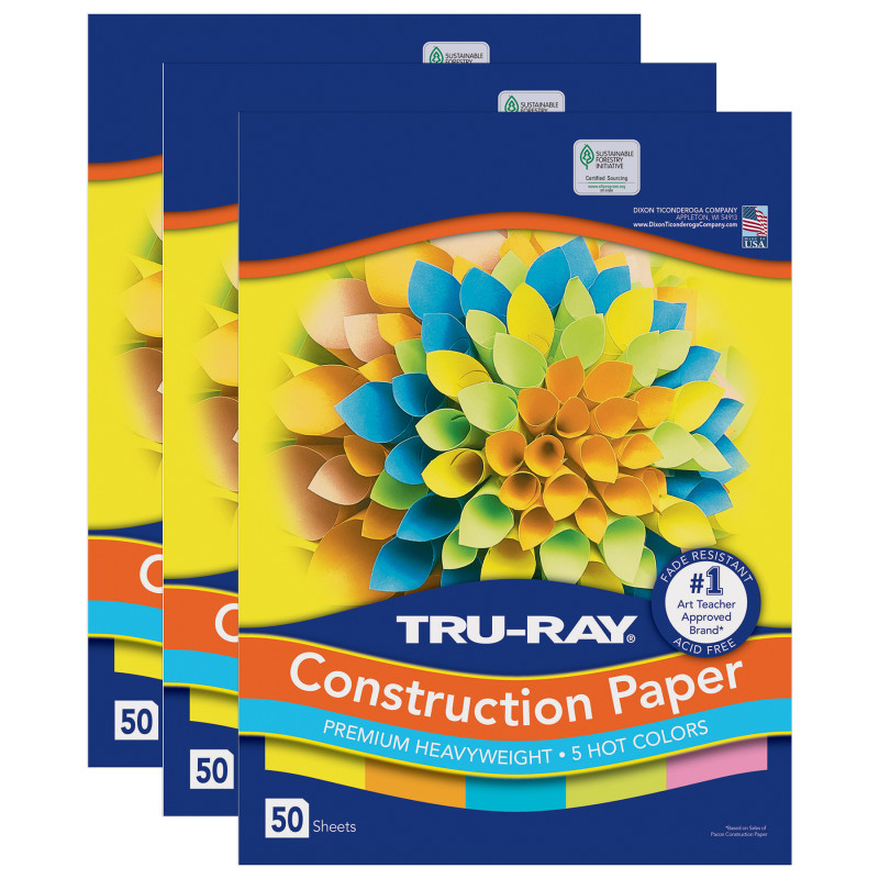 DIXON TICONDEROGA CO Tru-Ray® Construction Paper, Heavyweight, 5 Assorted Hot Colors, 12" x 18", 50 Sheets Per Pack, 3 Packs