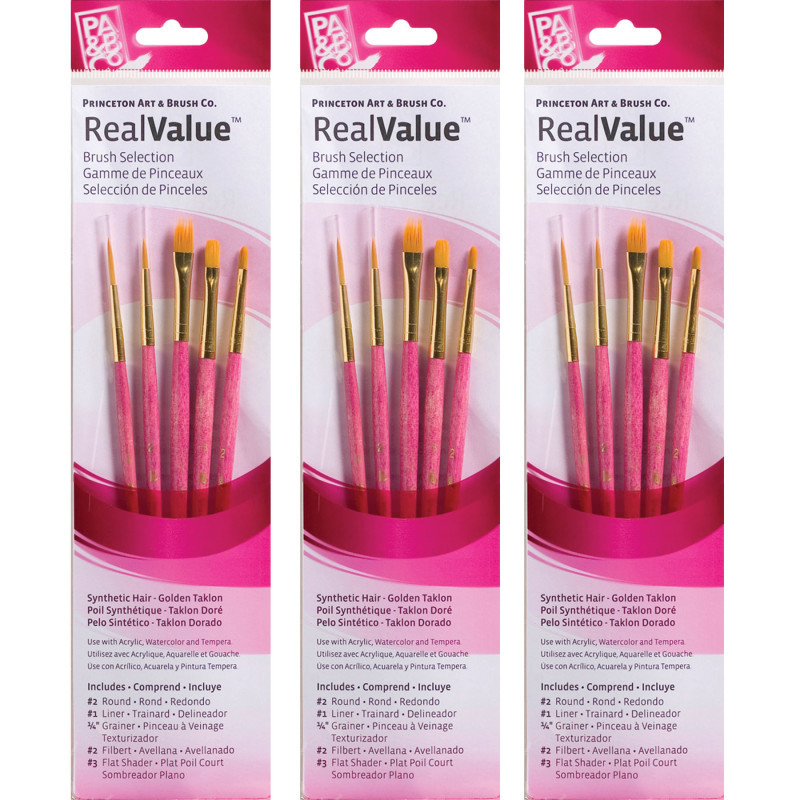 DIXON FINE ART Princeton RealValue Brush Set, Gold Taklon Bristles, Short Handle Mixed Media Paintbrush, Pink, 5 Per Set, 3 Sets